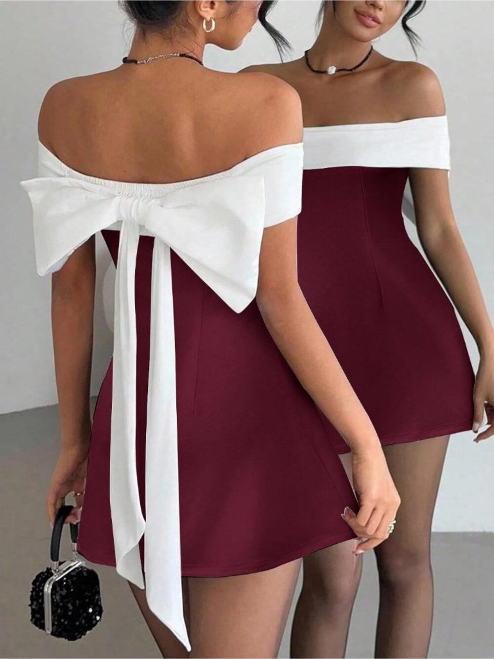 🆕Women's Red White Off Shoulder Neck Short Sleeve Bodycon Pull Over Mini Dress - Picture 2 of 6
